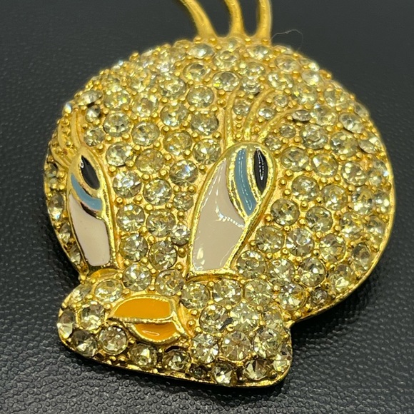 Warner Bros Tweety Bird Head Face Brooch Pin Rhinestones Gold Tone yellow - Picture 11 of 12